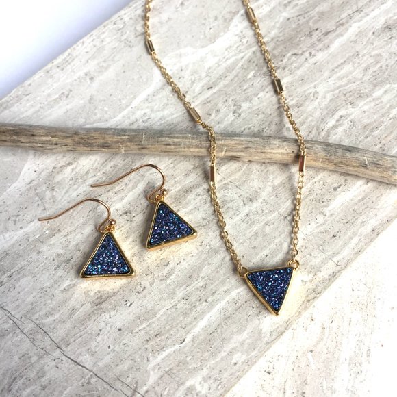 Blue Druzy triangle Long Diamond Chain Earrings ~ NWT - Picture 5 of 5